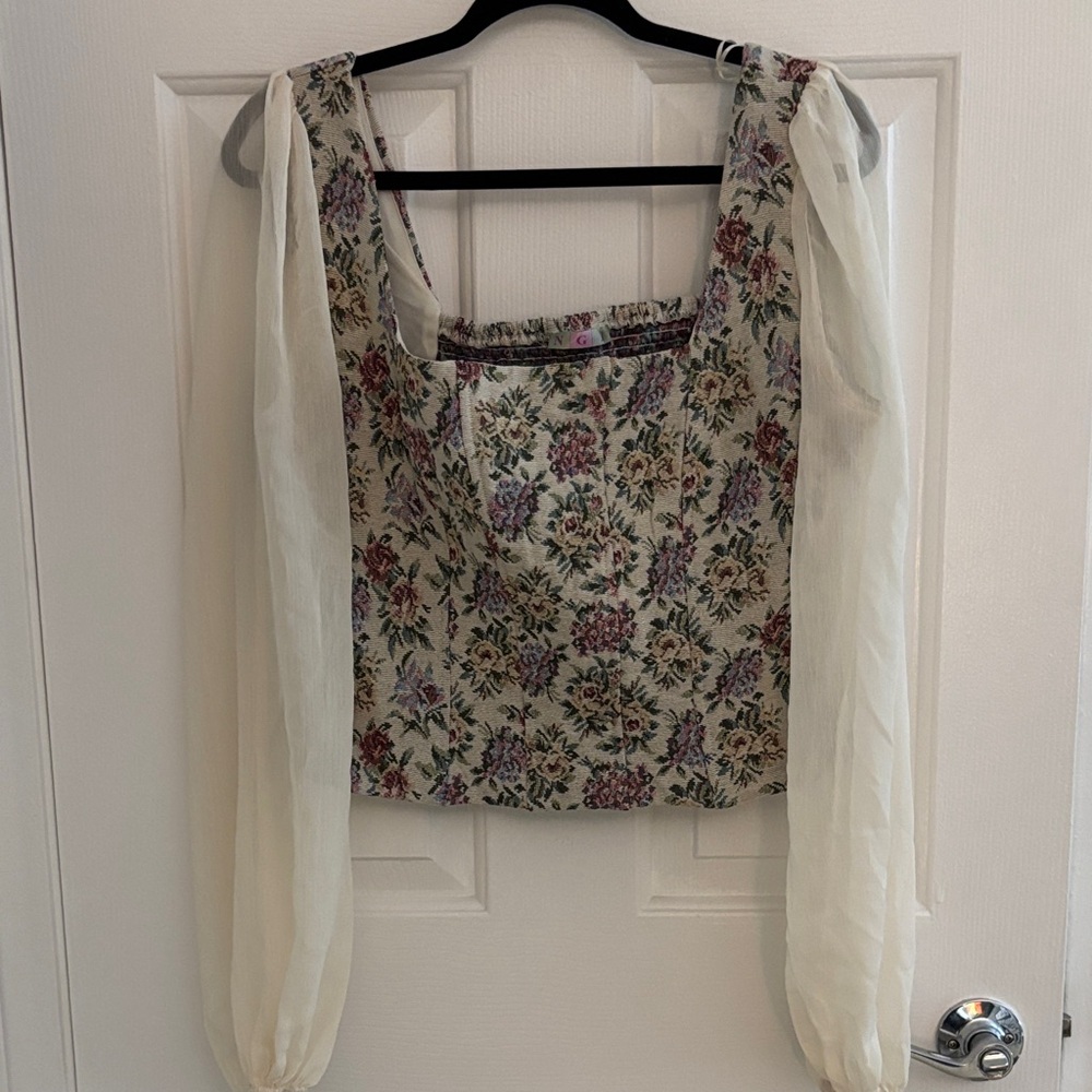 NGI Floral Square-Neck Crop Blouse with Sheer Puff Sleeves - Cream Multi large